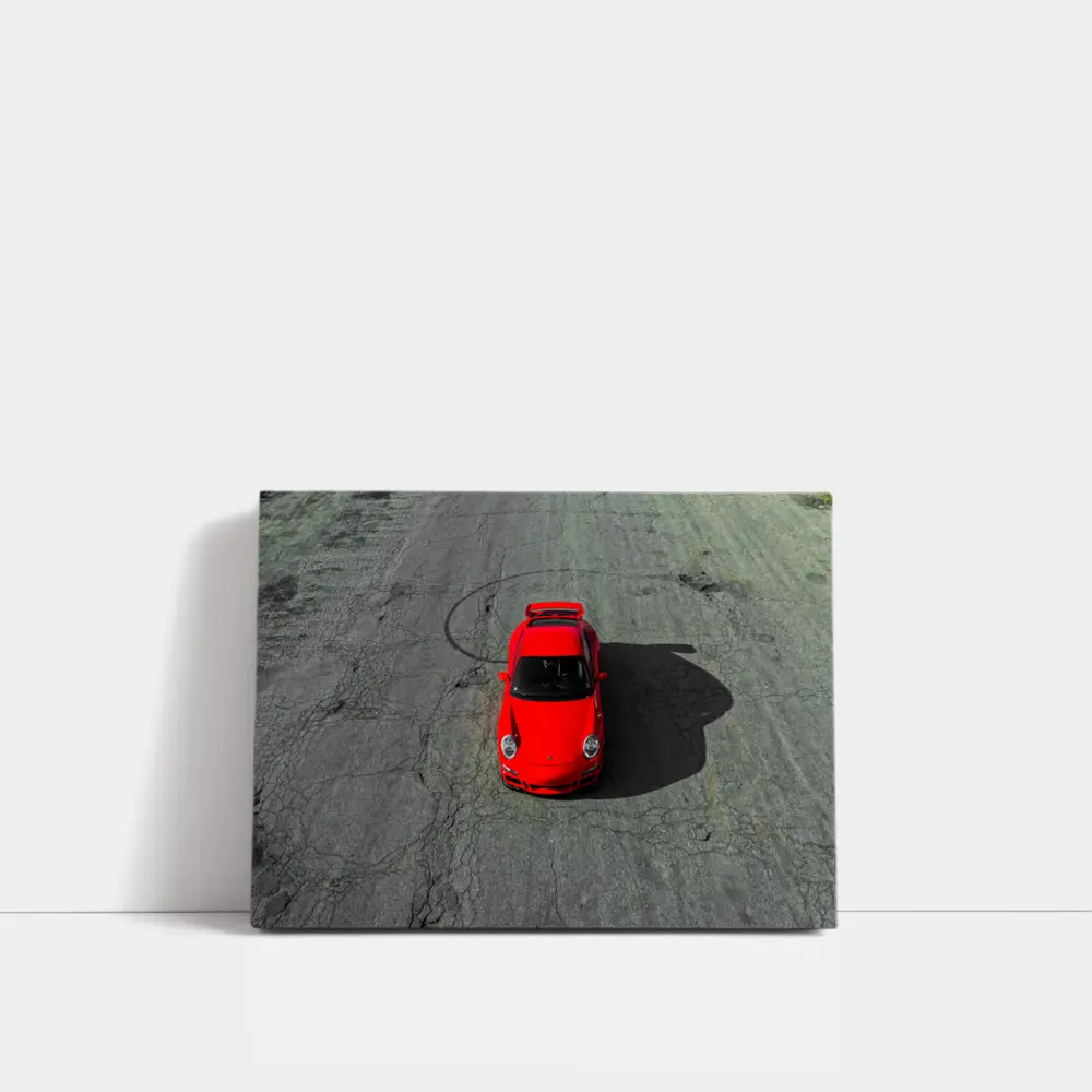 Red Porsche 911 Aerial View Cracked Asphalt – Wall Art