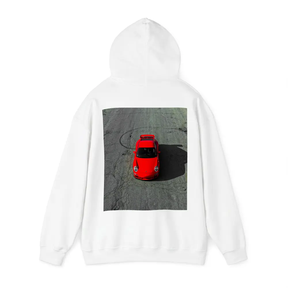 Red Porsche 911 Aerial View Cracked Asphalt – Hoodies