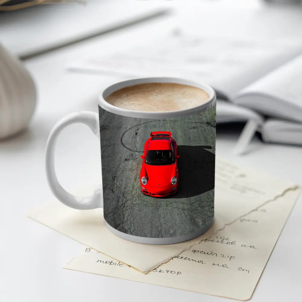 Red Porsche 911 Aerial View Cracked Asphalt – Mugs