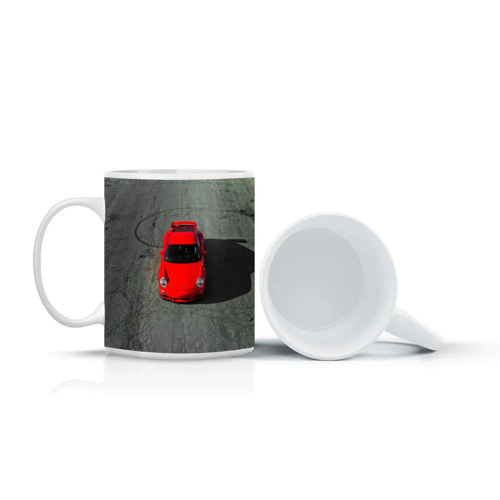 Red Porsche 911 Aerial View Cracked Asphalt – Mugs