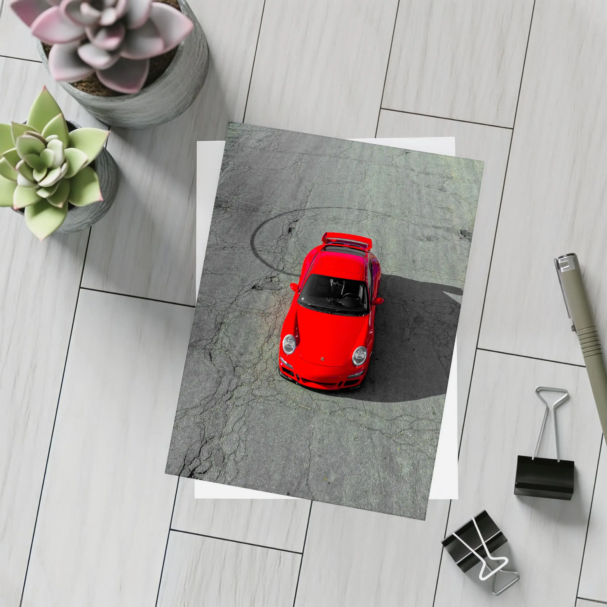 Red Porsche 911 Aerial View Cracked Asphalt – Postcards