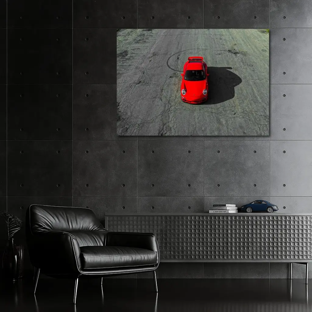 Red Porsche 911 Aerial View Cracked Asphalt – Wall Art
