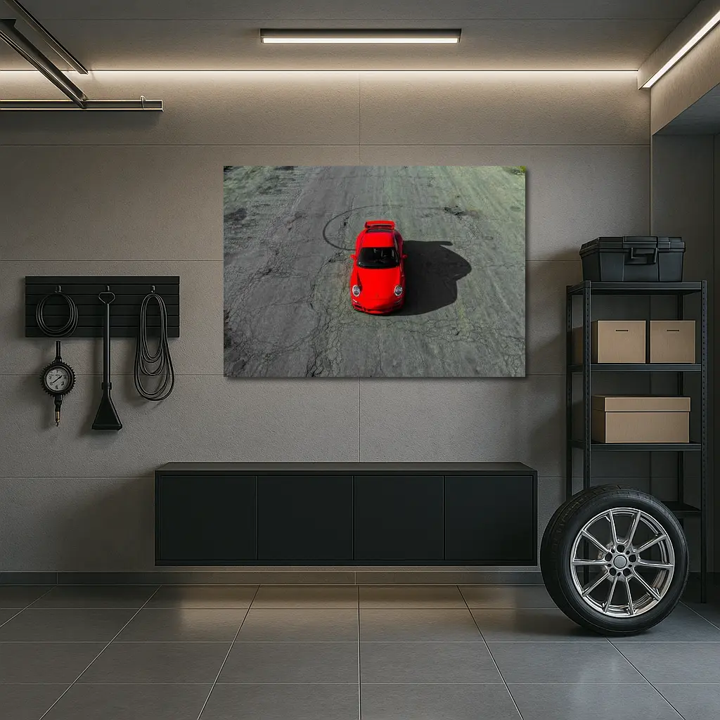 Red Porsche 911 Aerial View Cracked Asphalt – Wall Art