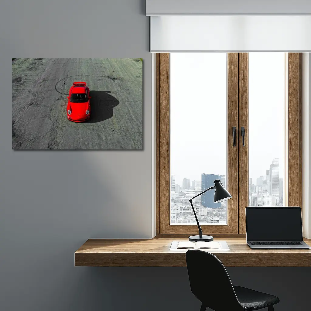 Red Porsche 911 Aerial View Cracked Asphalt – Wall Art