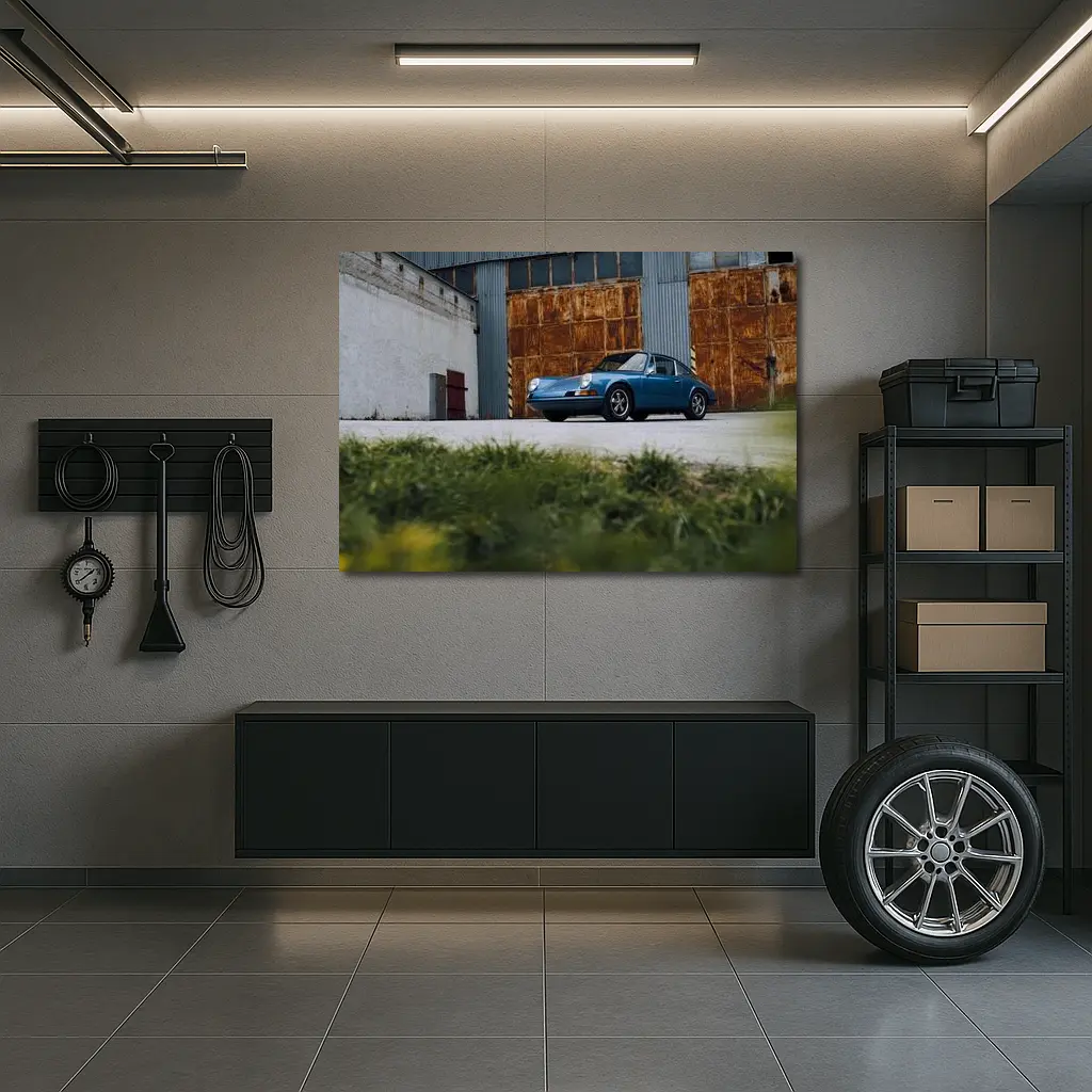 Classic Porsche 911 Blue Rusty Warehouse – Wall Art