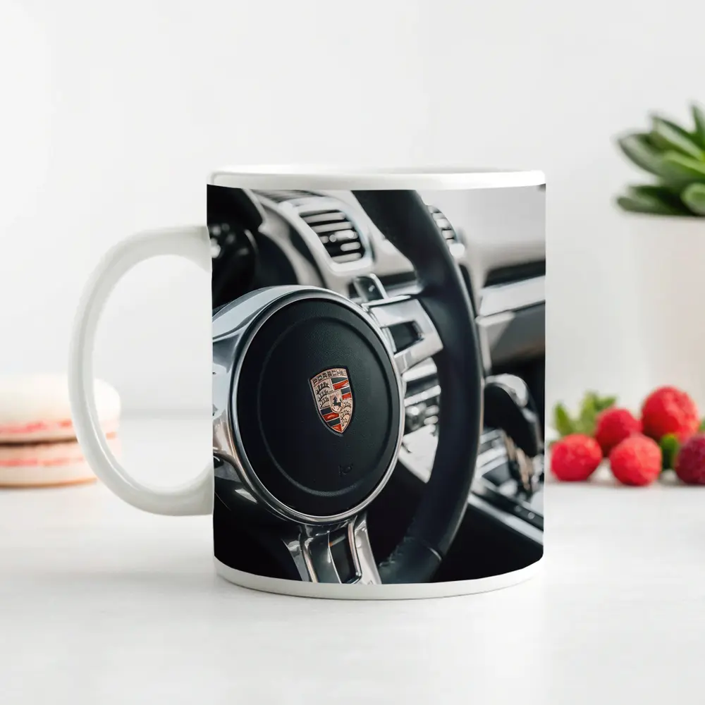 Porsche Steering Wheel Interior Dashboard Close Up – Mugs