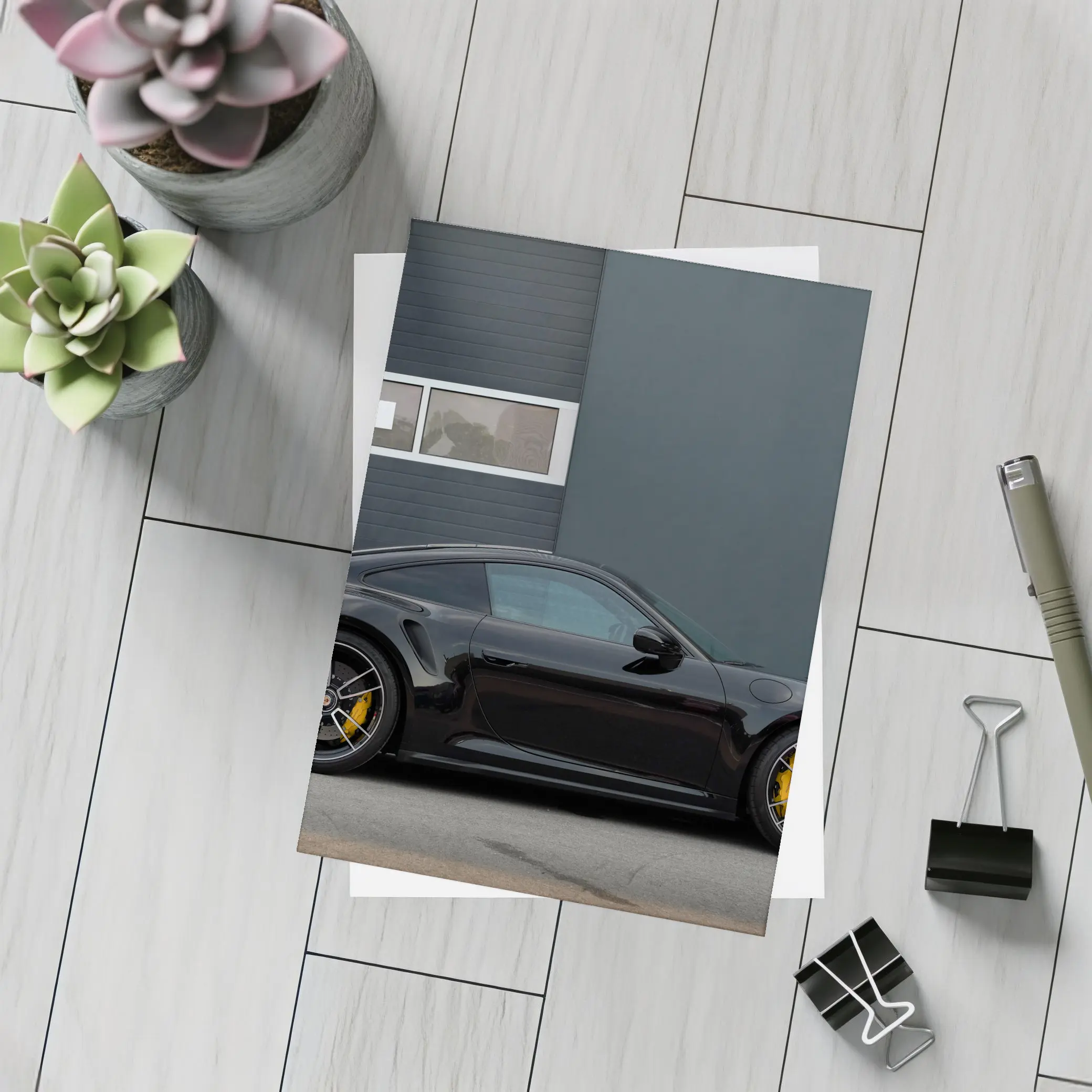 Black Porsche 911 Side Profile Urban Setting – Postcards