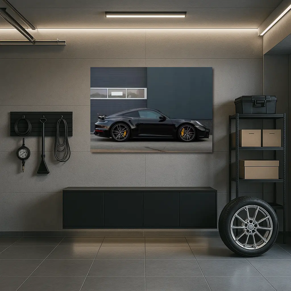 Black Porsche 911 Side Profile Urban Setting – Wall Art