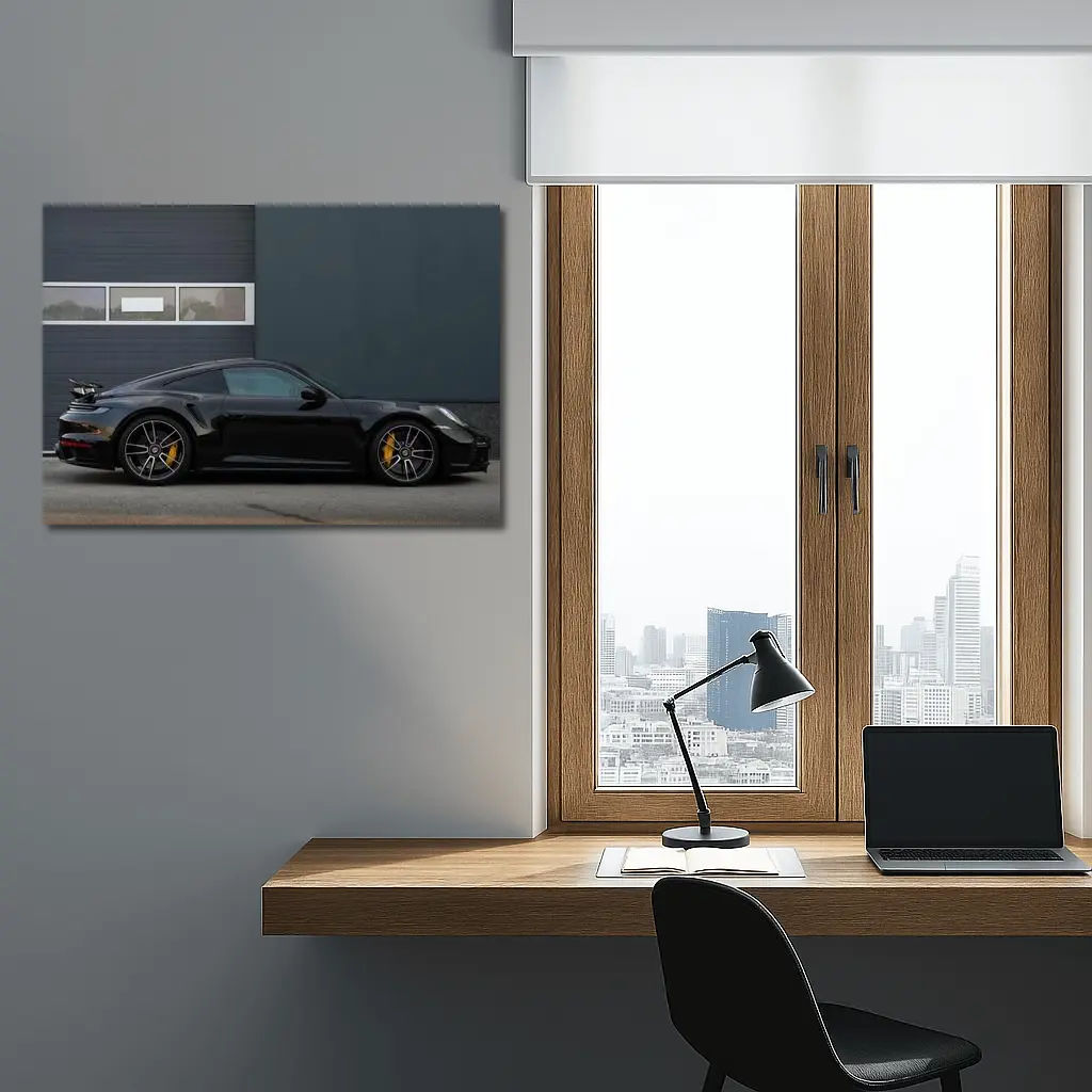 Black Porsche 911 Side Profile Urban Setting – Wall Art