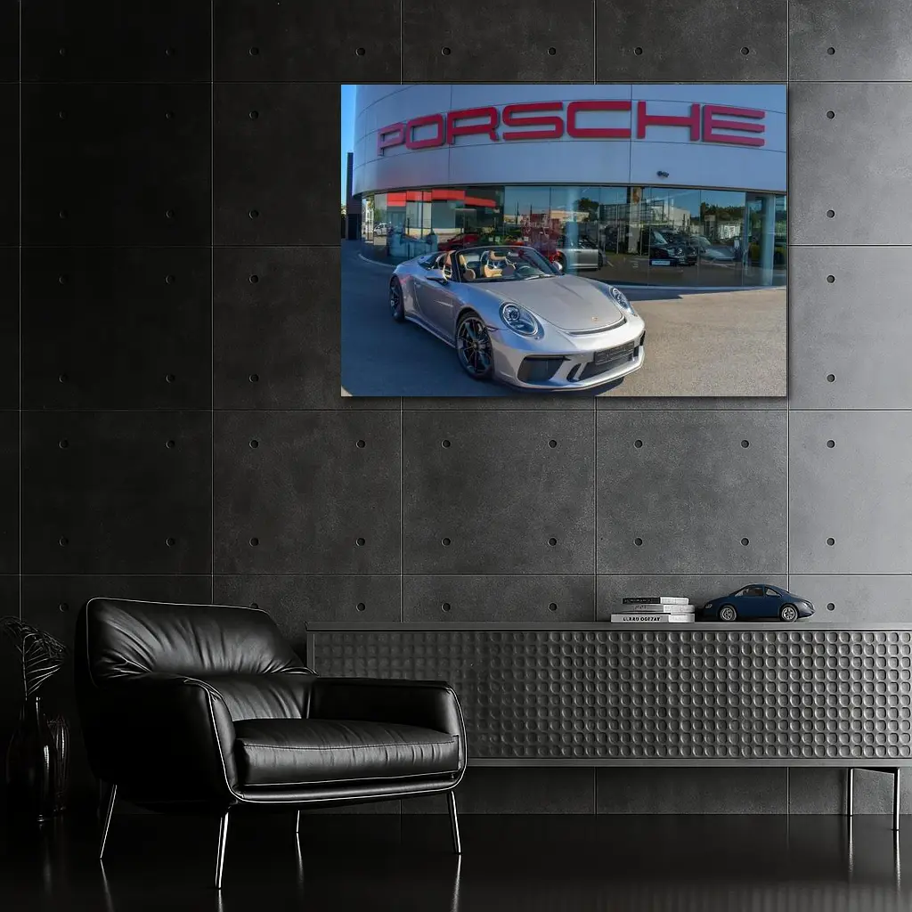 Porsche 911 Speedster Silver Outside Dealership – Wall Art