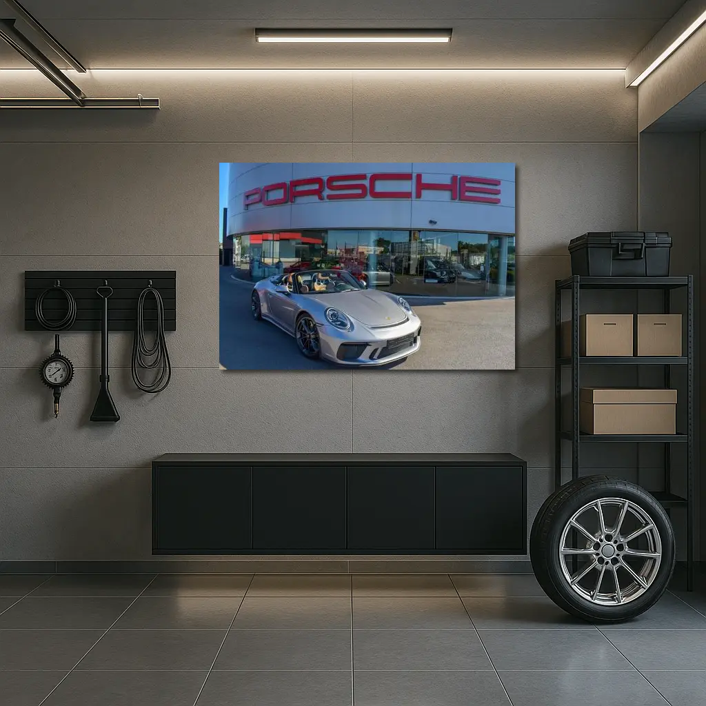 Porsche 911 Speedster Silver Outside Dealership – Wall Art