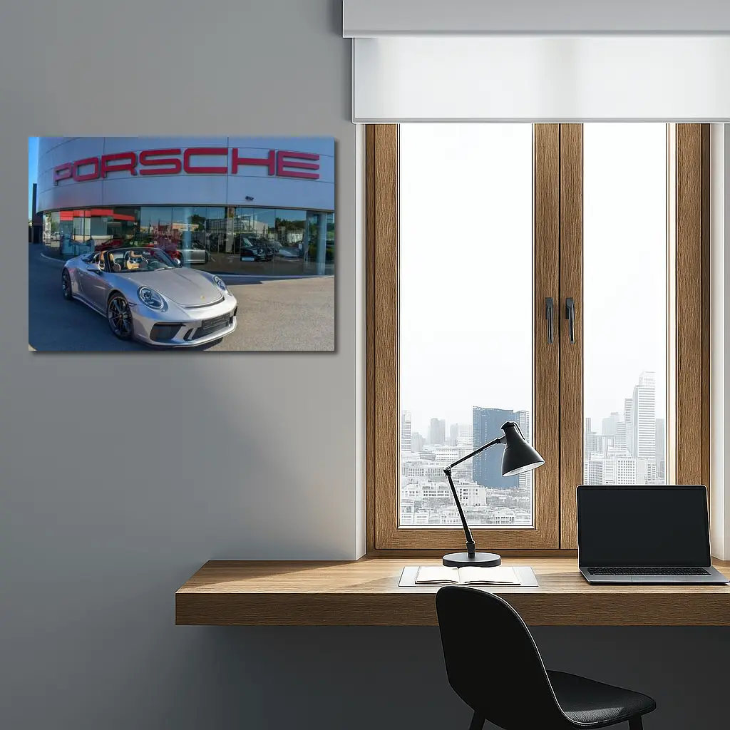 Porsche 911 Speedster Silver Outside Dealership – Wall Art