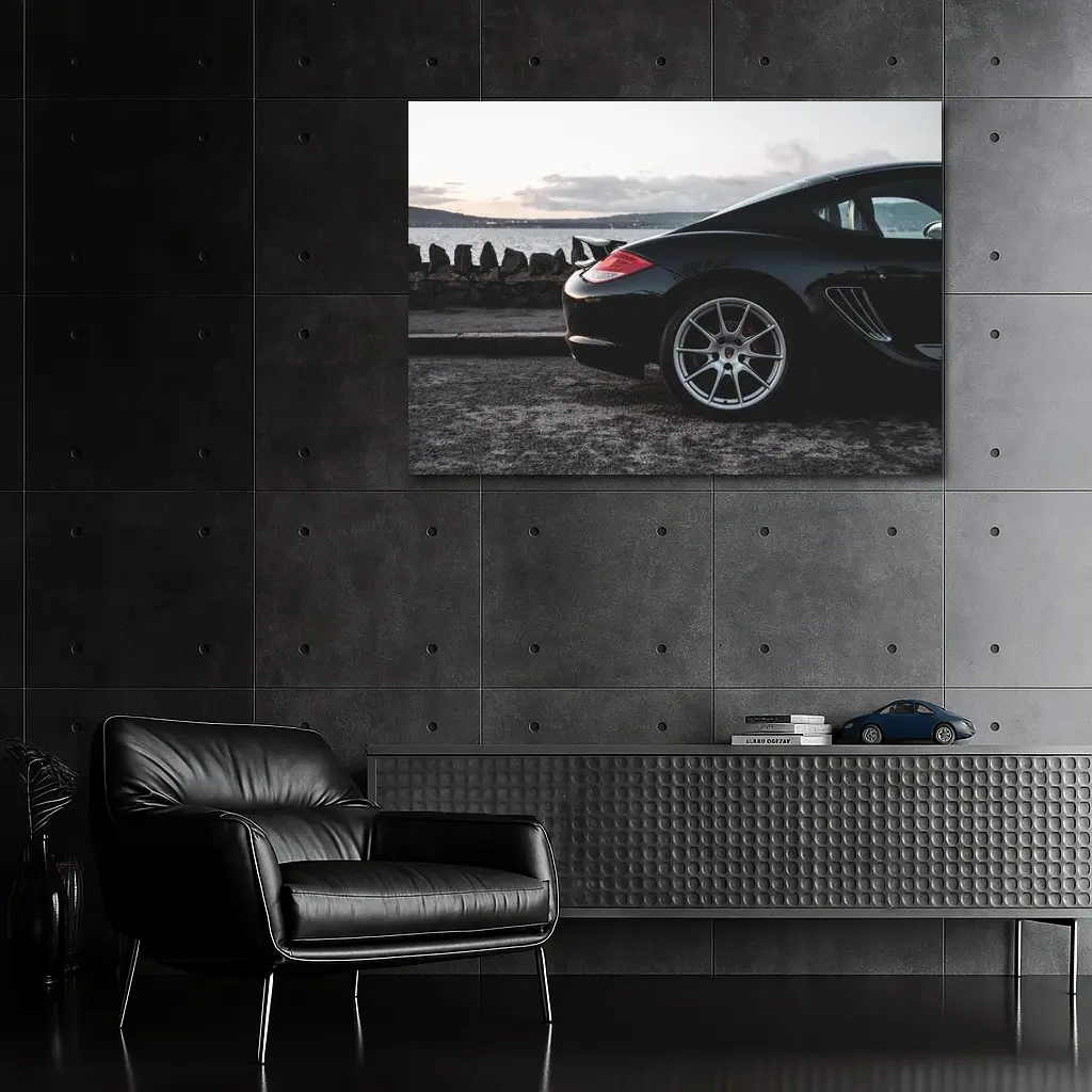 Black Porsche Cayman By Coastal Waterfront – Wall Art