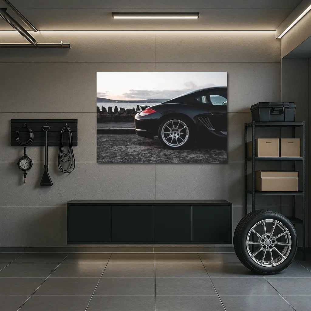 Black Porsche Cayman By Coastal Waterfront – Wall Art