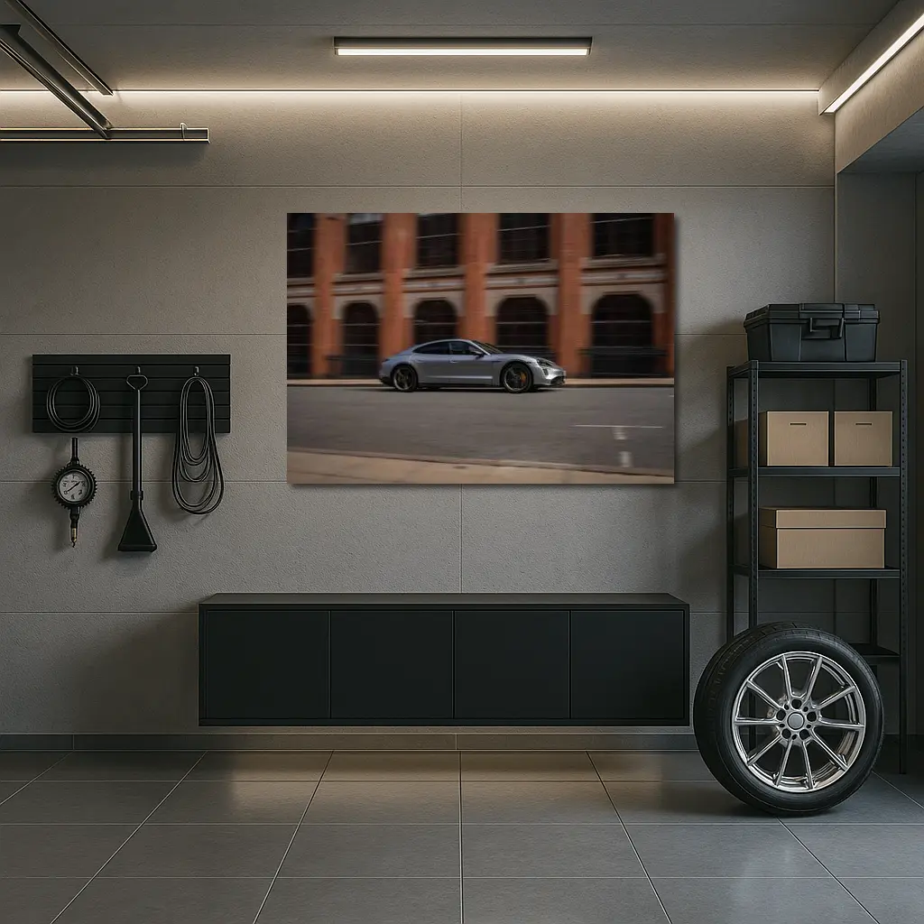 Porsche Taycan Silver Street Urban Building – Wall Art
