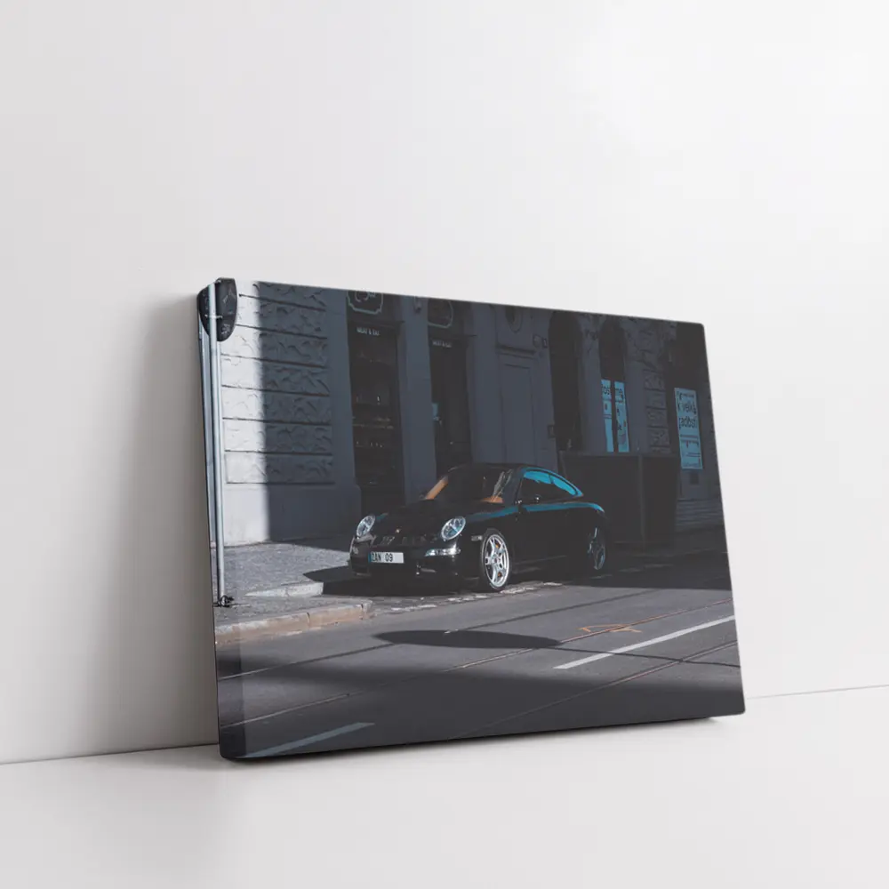 Black Porsche 911 Parked on City Street – Wall Art