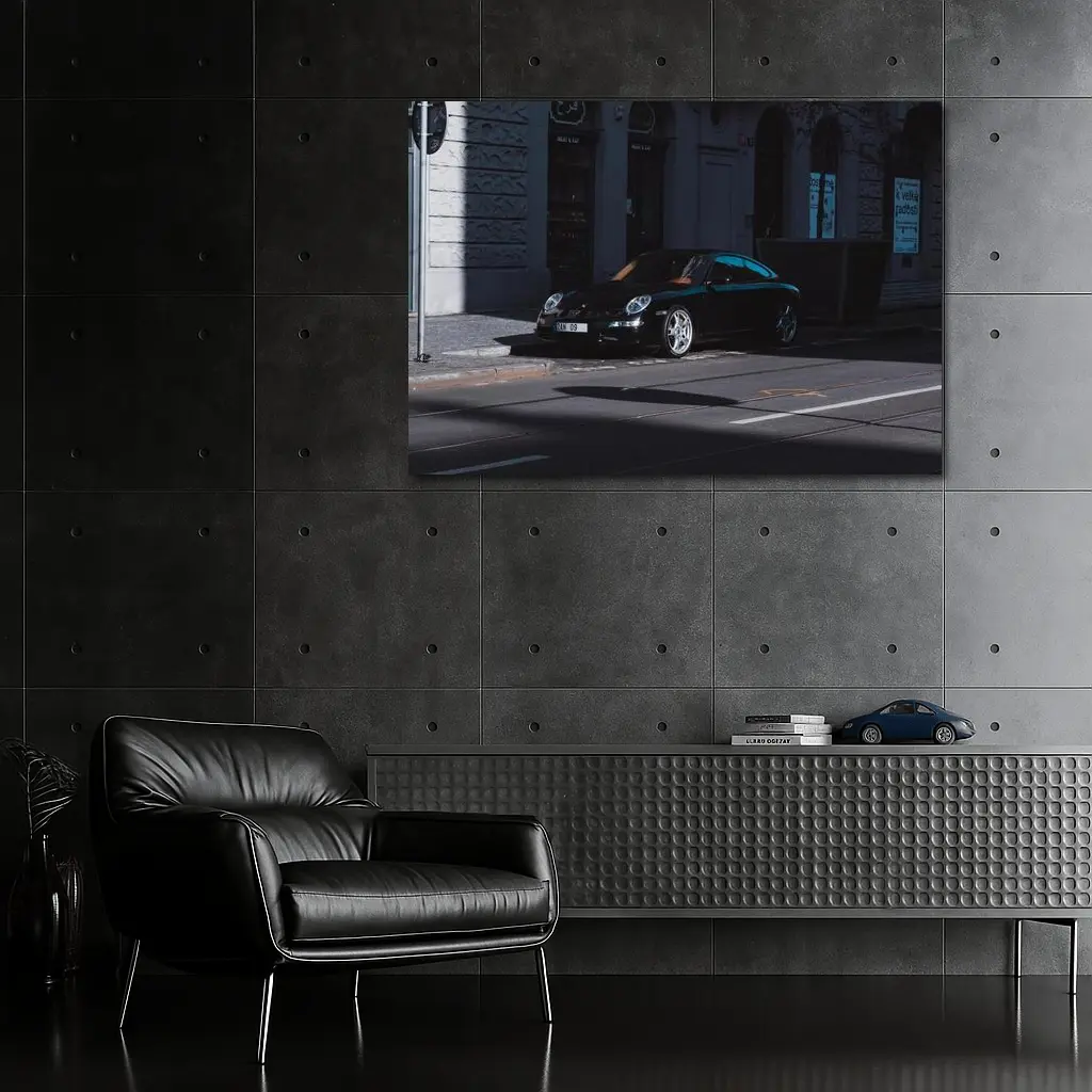 Black Porsche 911 Parked on City Street – Wall Art