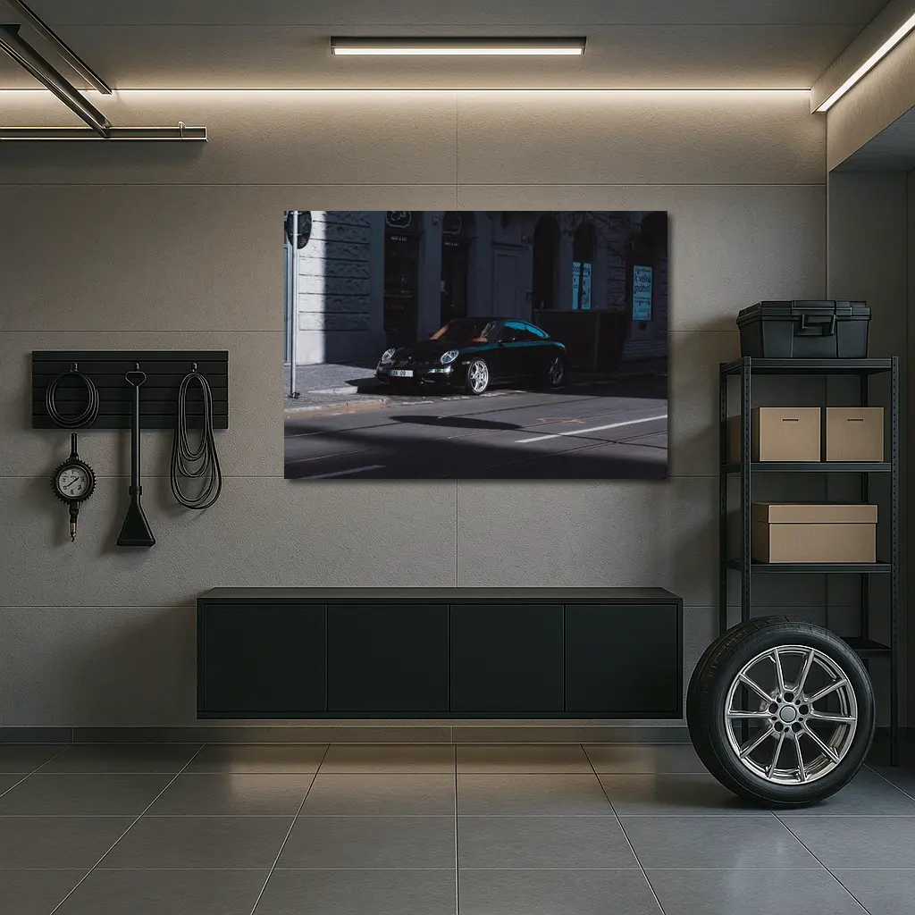 Black Porsche 911 Parked on City Street – Wall Art