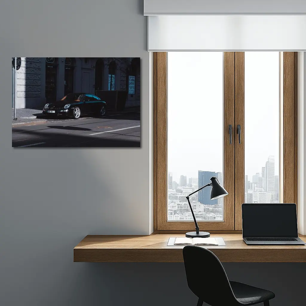 Black Porsche 911 Parked on City Street – Wall Art