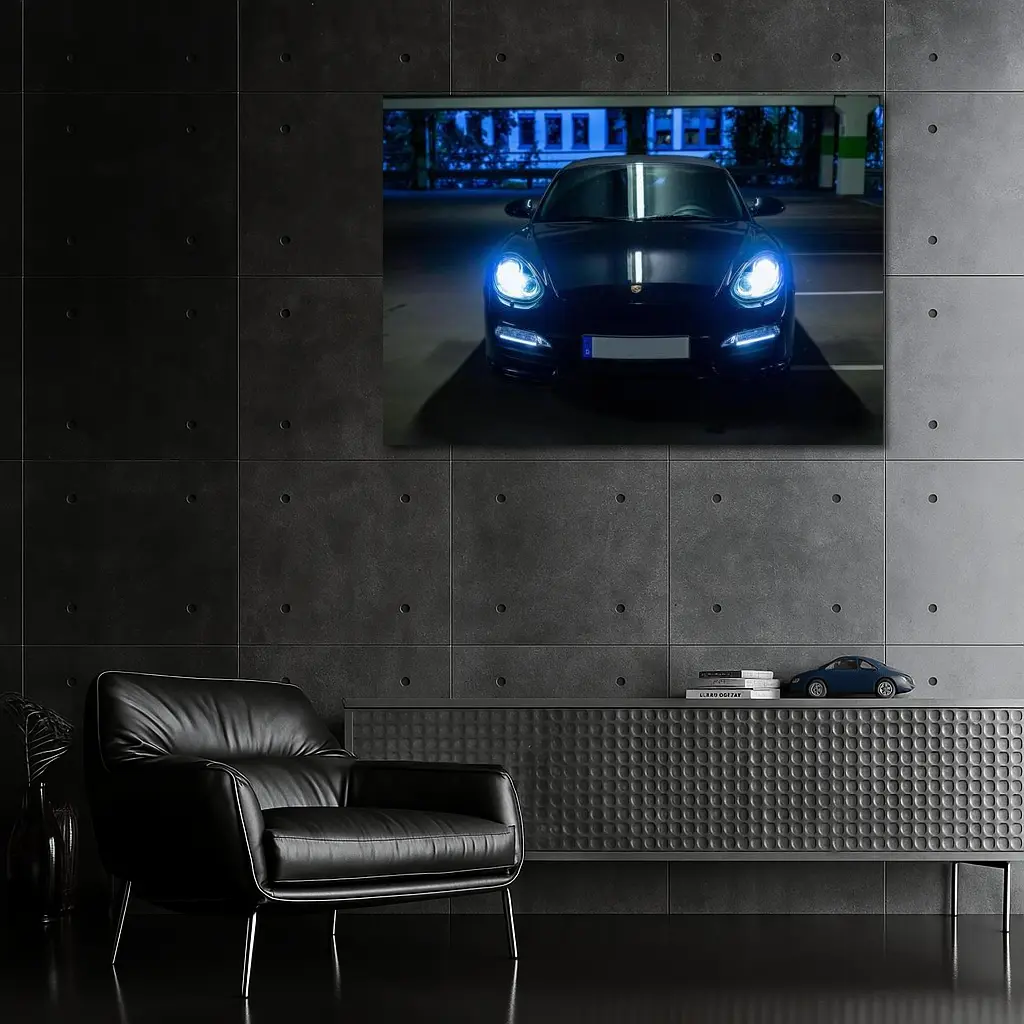 Porsche Panamera Black Front View Night Parking – Wall Art