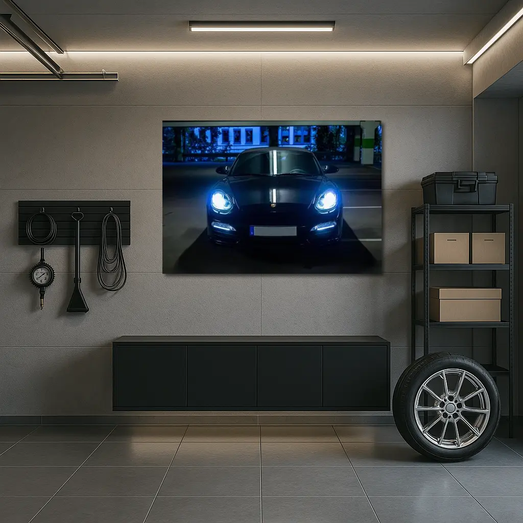 Porsche Panamera Black Front View Night Parking – Wall Art