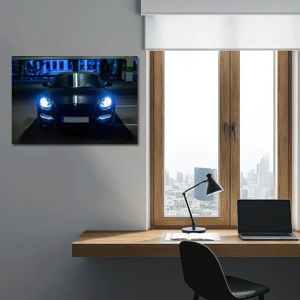 Porsche Panamera Black Front View Night Parking – Wall Art