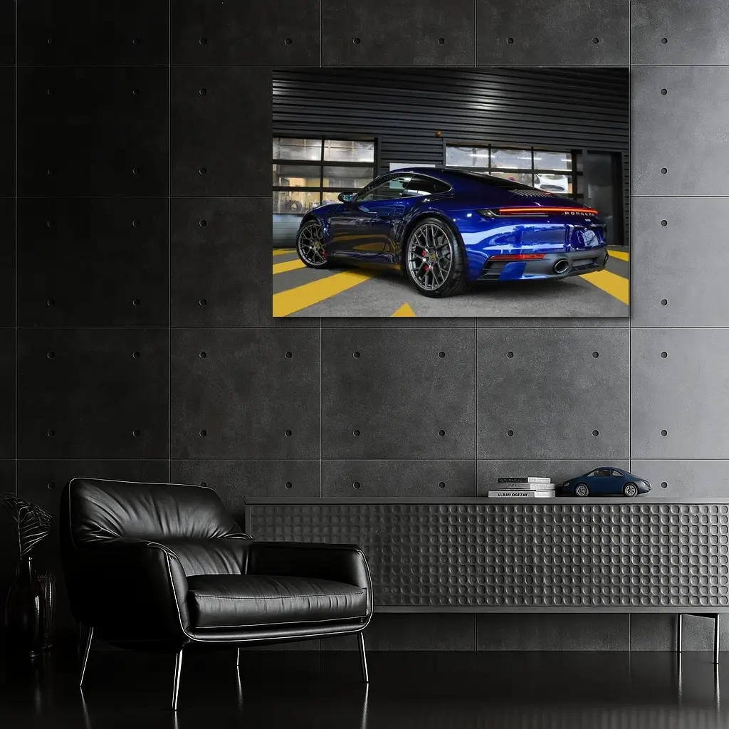 Porsche 911 Deep Blue Garage Rear View – Wall Art