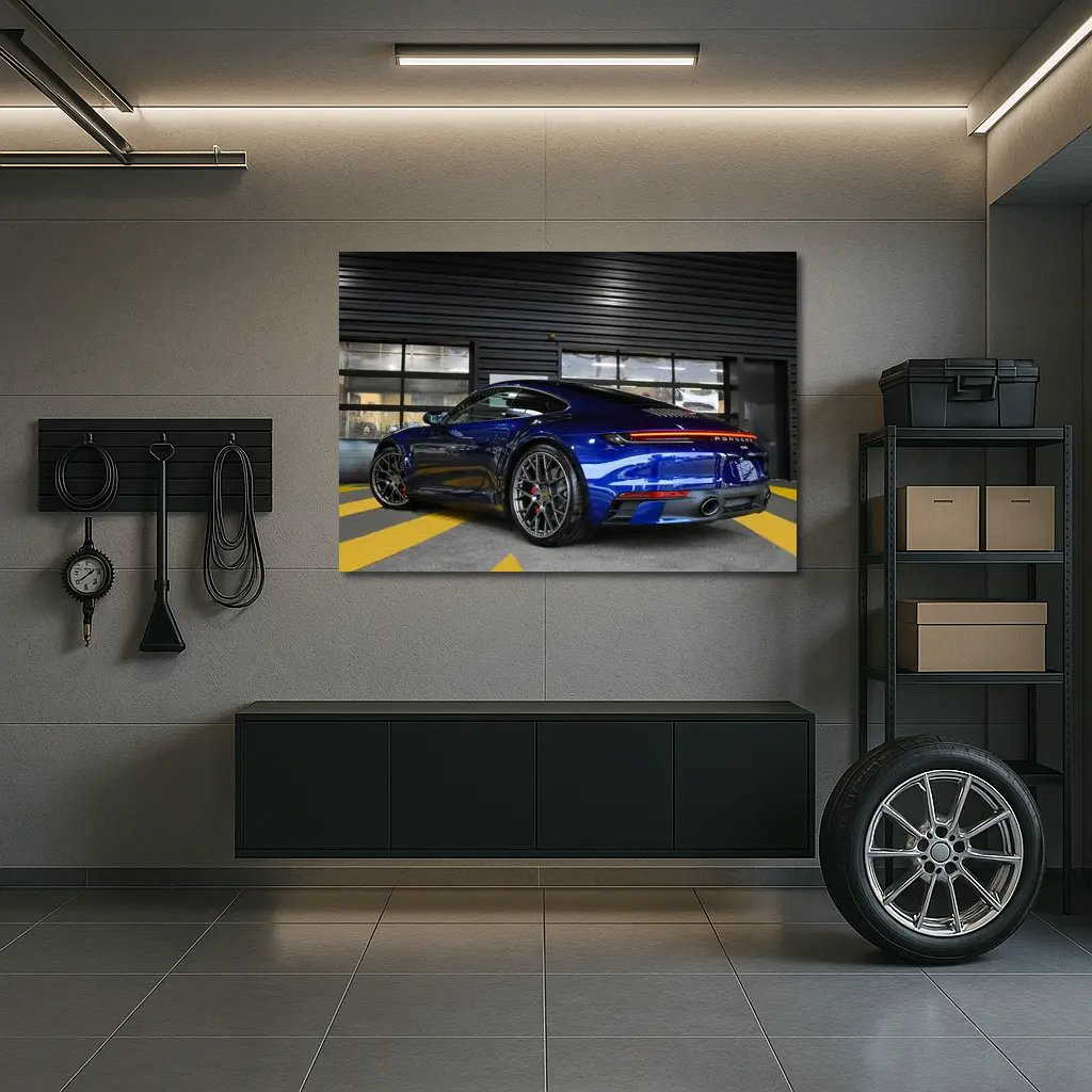 Porsche 911 Deep Blue Garage Rear View – Wall Art