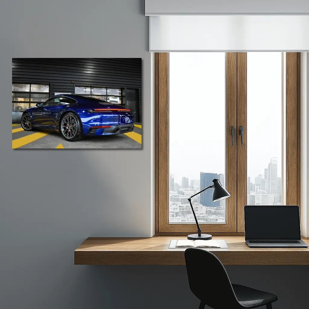 Porsche 911 Deep Blue Garage Rear View – Wall Art