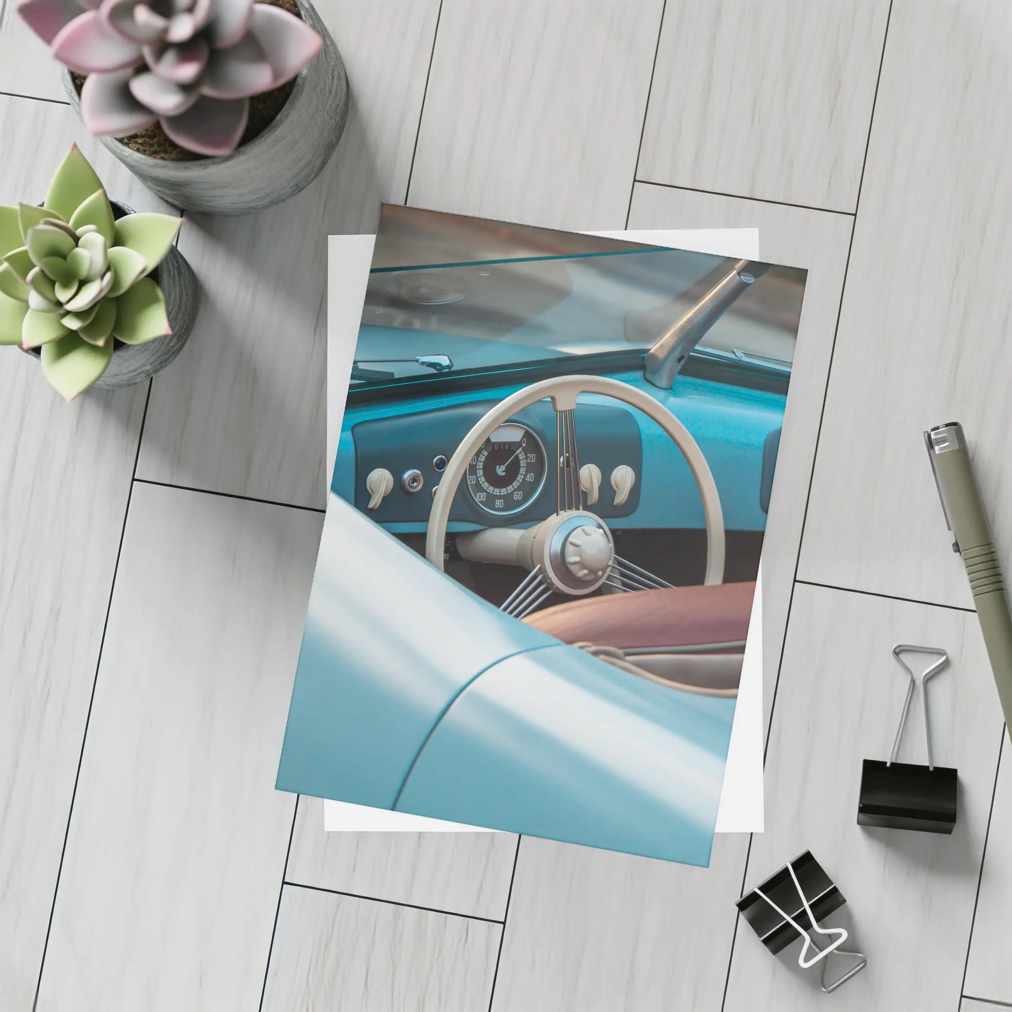 Classic Blue Convertible Car Interior Dashboard – Postcards