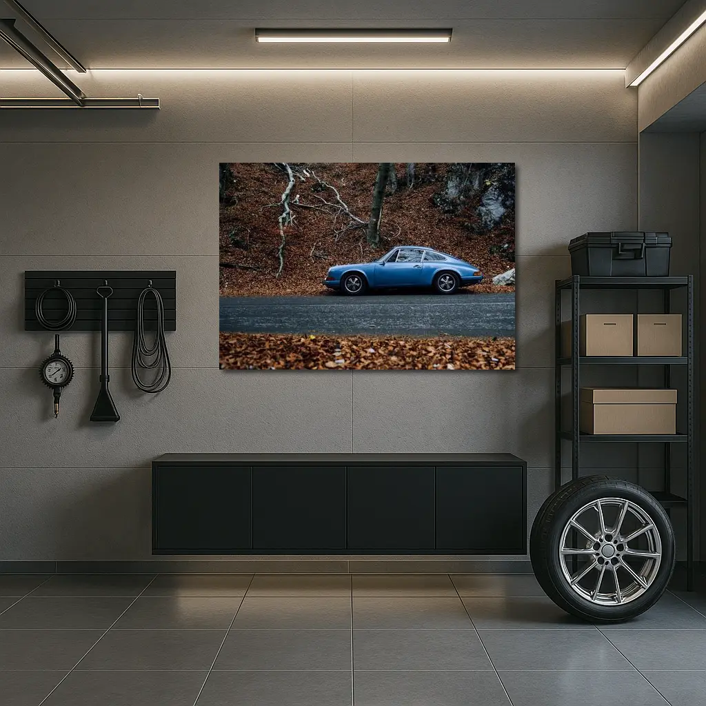 Classic Porsche 911 Blue Autumn Forest Road – Wall Art