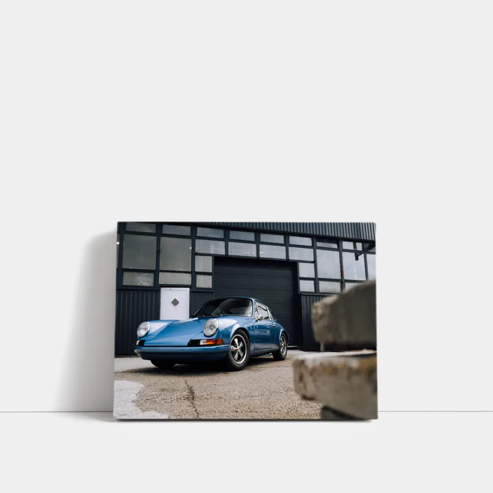 Classic Blue Porsche 911 Outside Industrial Garage – Wall Art