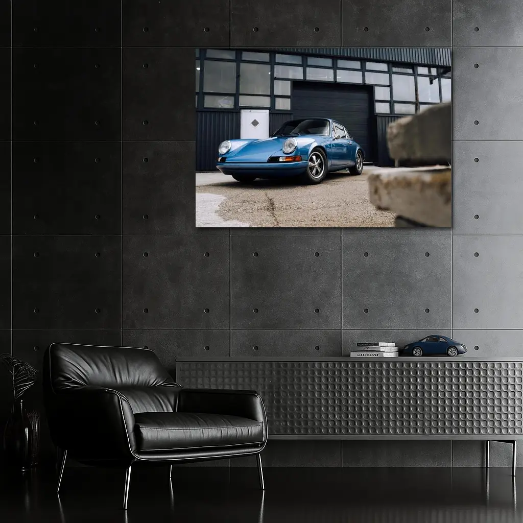 Classic Blue Porsche 911 Outside Industrial Garage – Wall Art