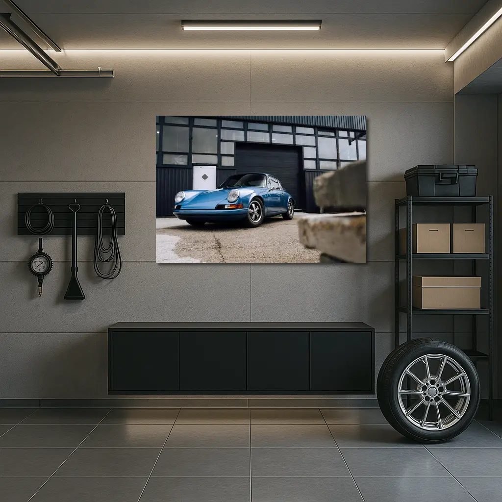Classic Blue Porsche 911 Outside Industrial Garage – Wall Art