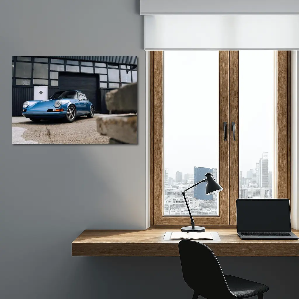 Classic Blue Porsche 911 Outside Industrial Garage – Wall Art