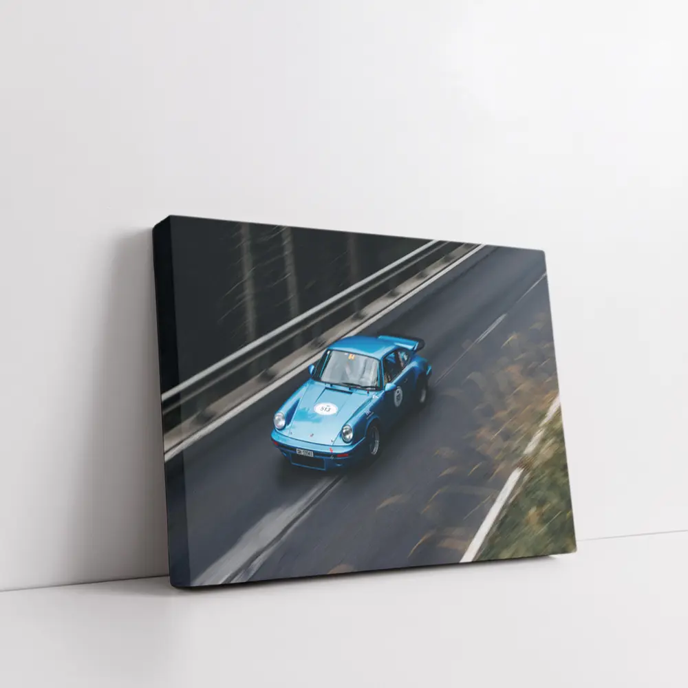 Blue Porsche 911 Racing on Mountain Road – Wall Art