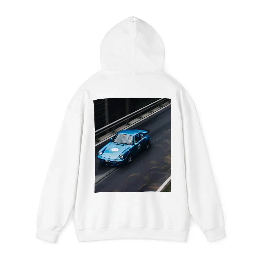 Blue Porsche 911 Racing on Mountain Road – Hoodies
