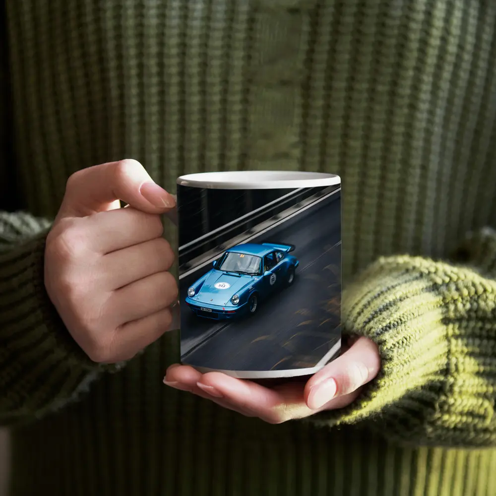 Blue Porsche 911 Racing on Mountain Road – Mugs