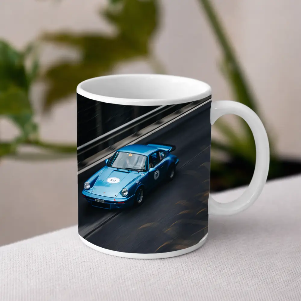 Blue Porsche 911 Racing on Mountain Road – Mugs