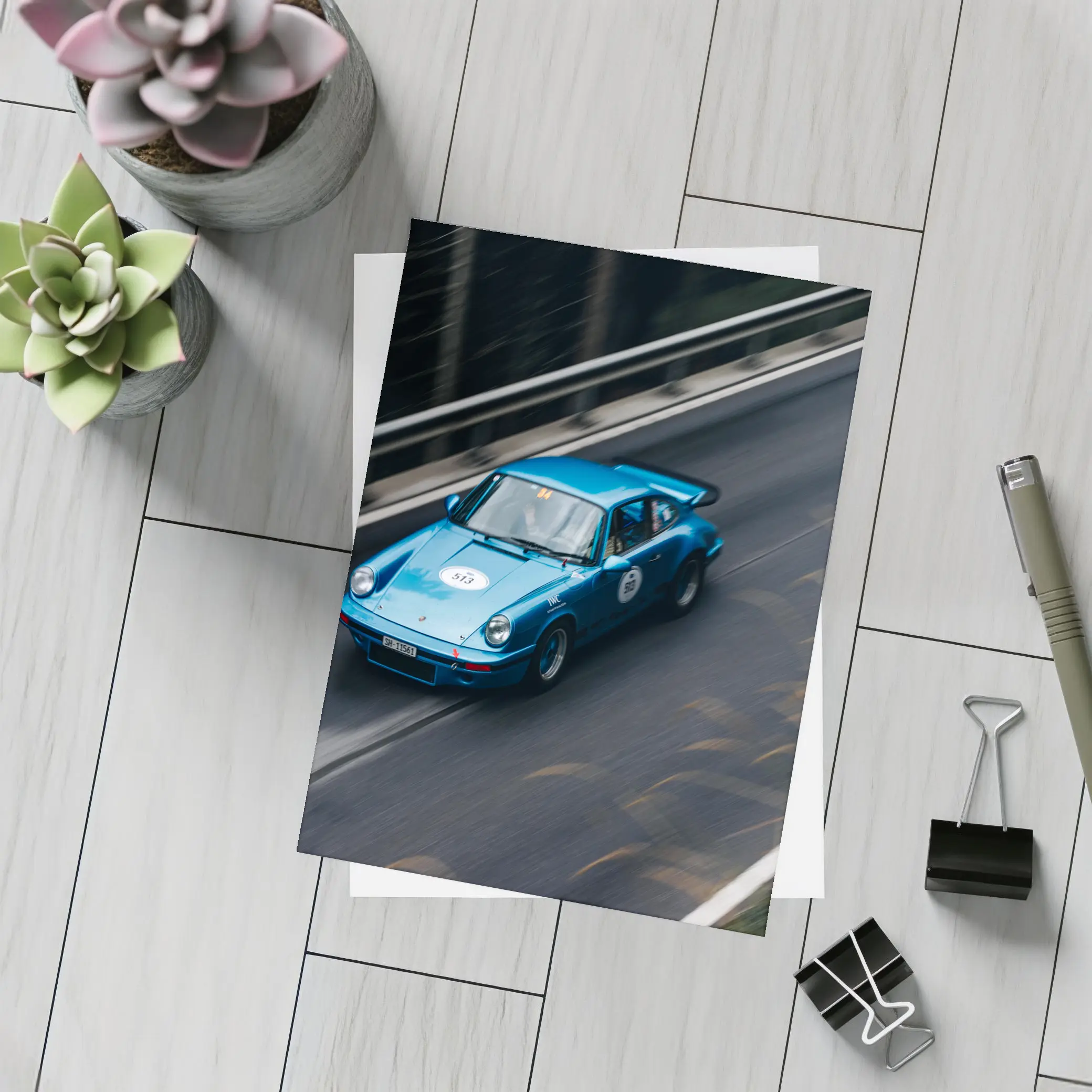 Blue Porsche 911 Racing on Mountain Road – Postcards