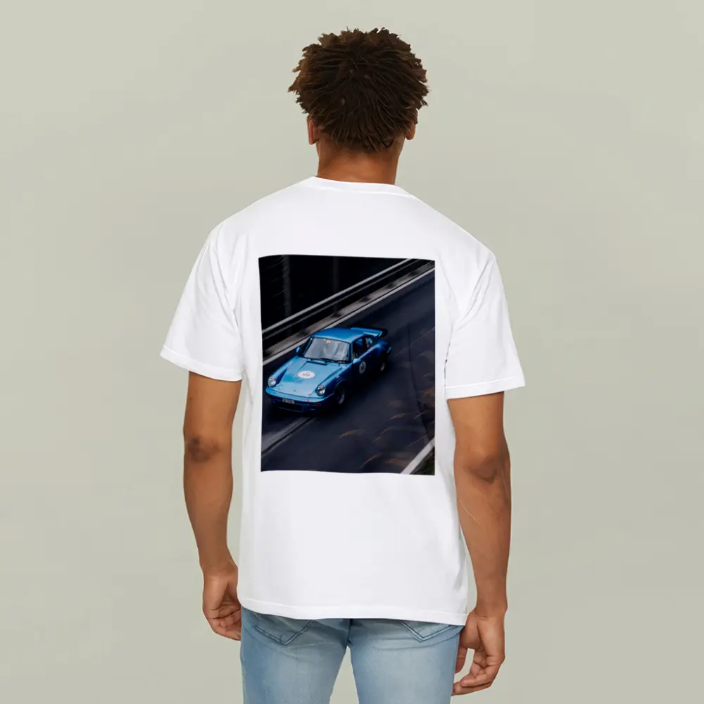 Blue Porsche 911 Racing on Mountain Road – T-Shirts