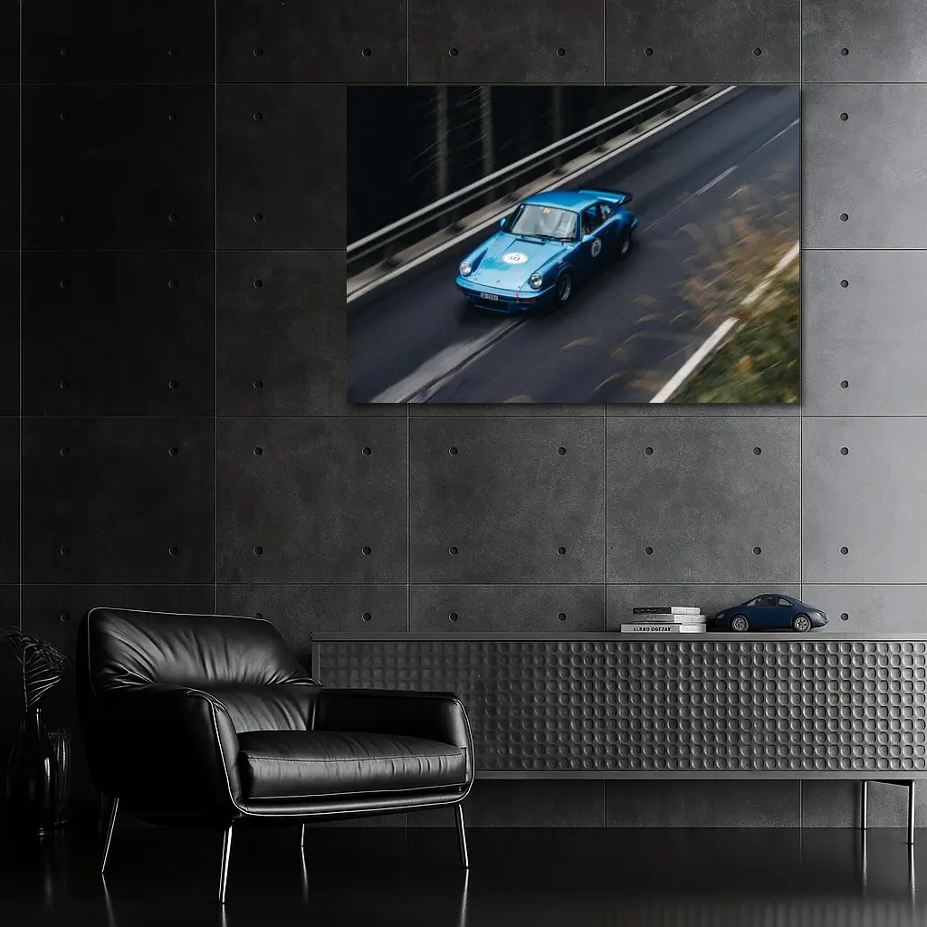 Blue Porsche 911 Racing on Mountain Road – Wall Art