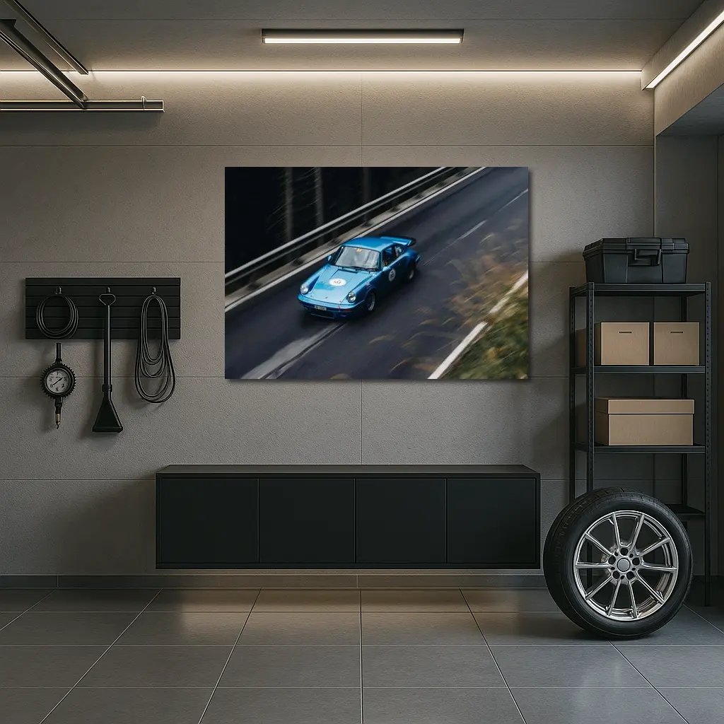 Blue Porsche 911 Racing on Mountain Road – Wall Art