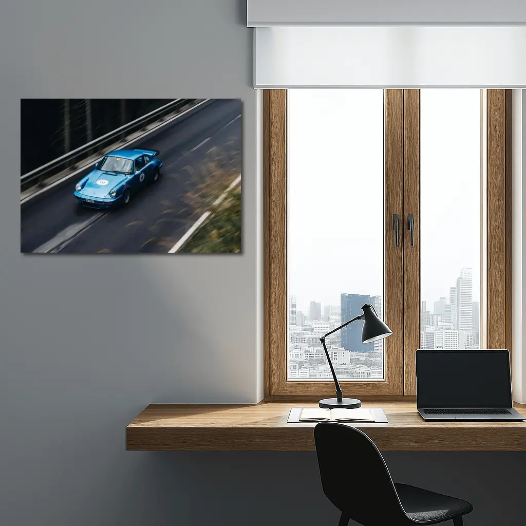 Blue Porsche 911 Racing on Mountain Road – Wall Art