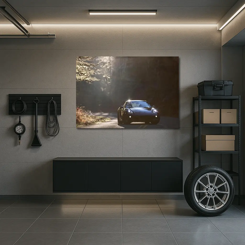 Porsche Cayman Black on Forest Road – Wall Art