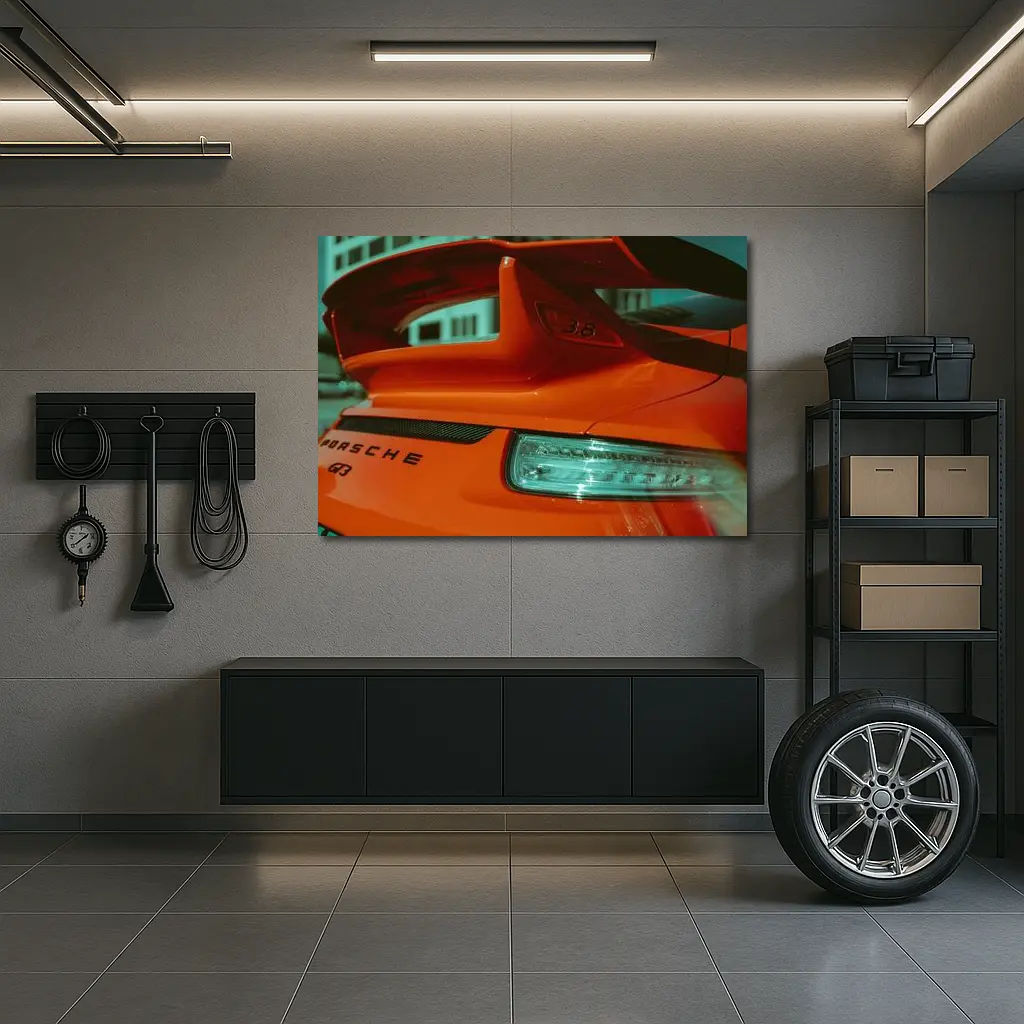 Porsche GT3 Orange Rear Wing Close Up – Wall Art