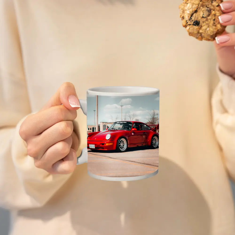 Red Porsche 911 Parked Open Lot – Mugs