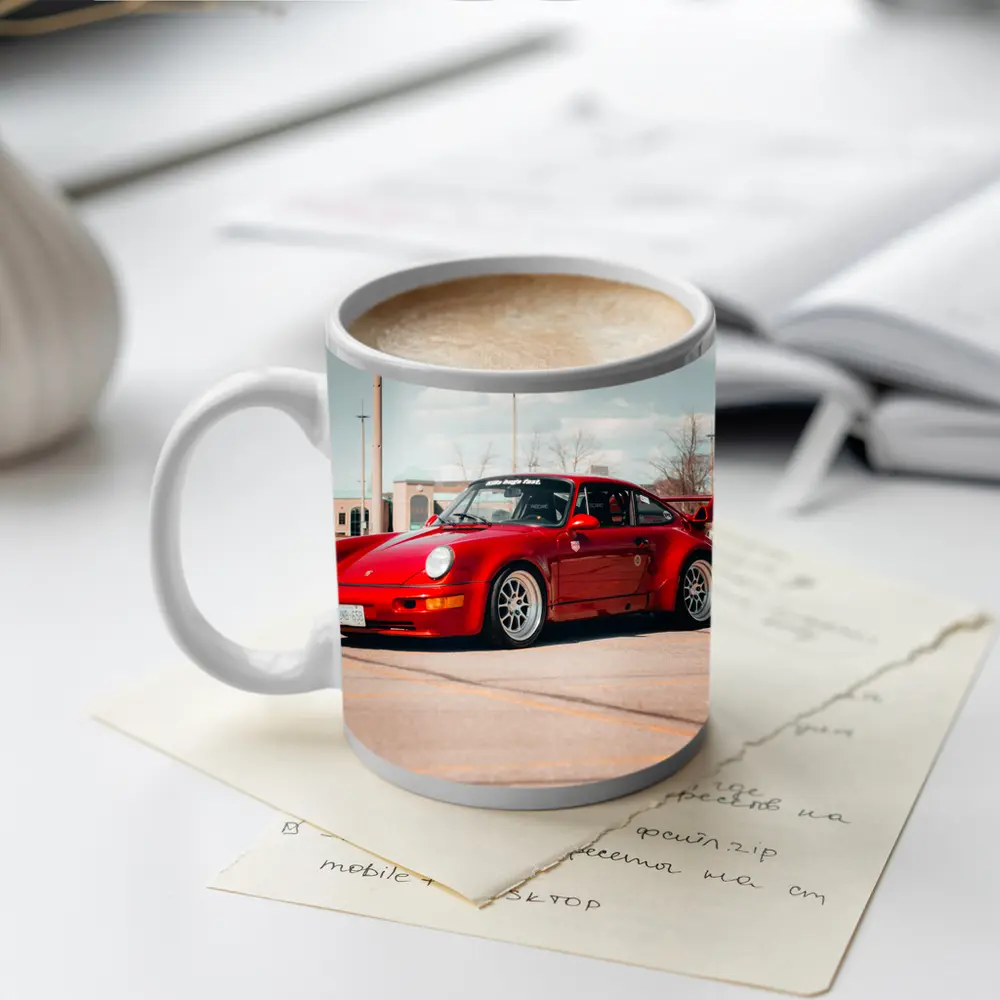 Red Porsche 911 Parked Open Lot – Mugs