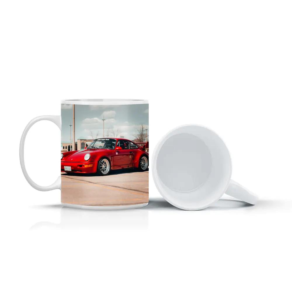 Red Porsche 911 Parked Open Lot – Mugs
