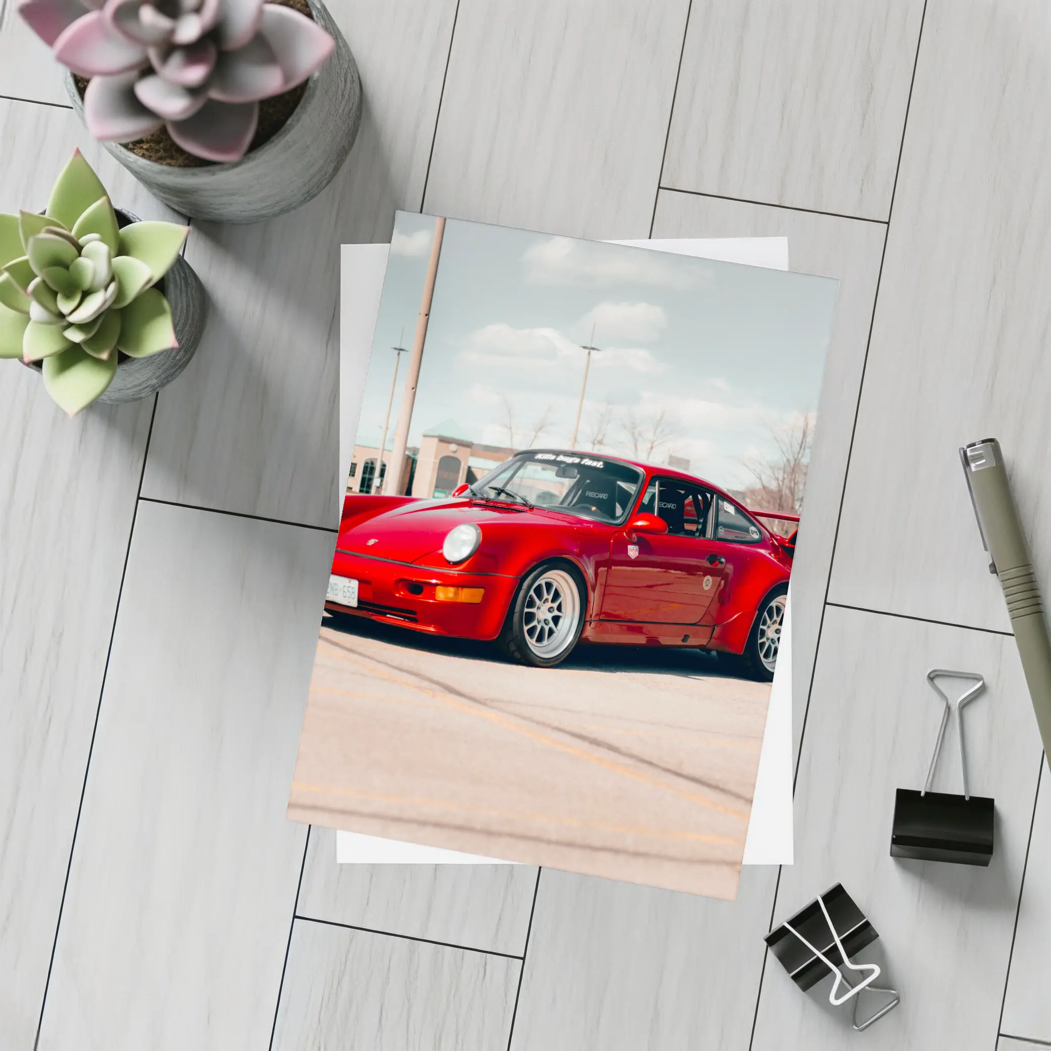 Red Porsche 911 Parked Open Lot – Postcards